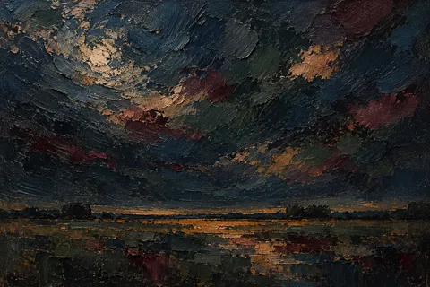 Ripples spreading from one point in black, charcoal, brown; landscape artwork.