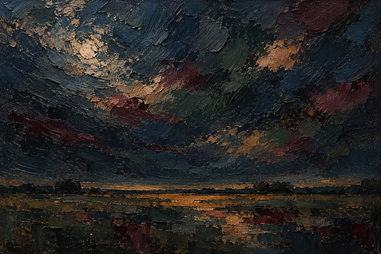 Ripples spreading from one point in black, charcoal, brown; landscape artwork.