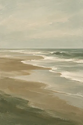 A tide line of foam on wet sand in stone, sand, olive, taupe; portrait artwork.