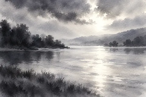 A river surface catching evening light in stone, gray, charcoal, black; landscape artwork.