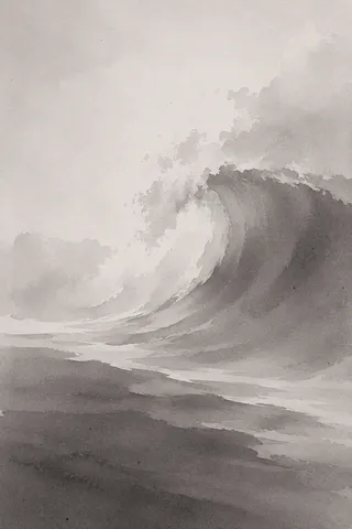 A breaking wave seen from the side in cream, gray, stone, charcoal; portrait artwork.