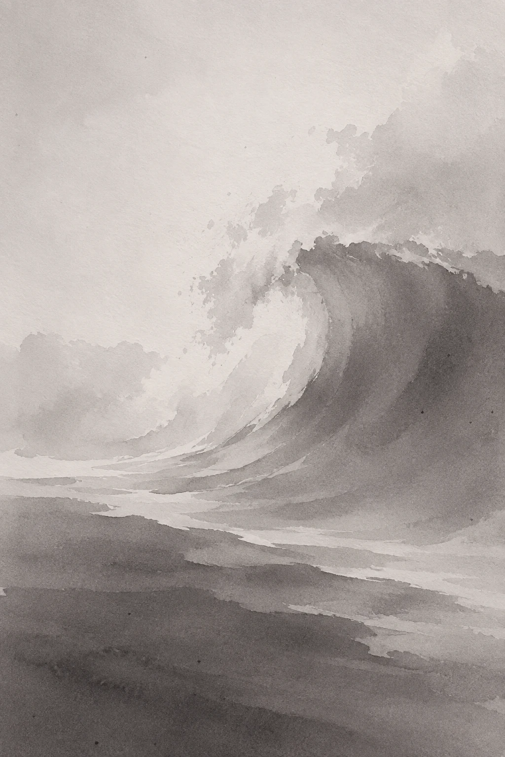 A breaking wave seen from the side in cream, gray, stone, charcoal; portrait artwork.