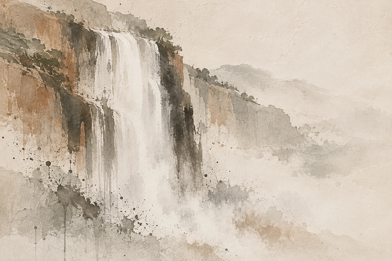 A waterfall reduced to vertical strokes in cream, stone, sand, taupe; landscape artwork.