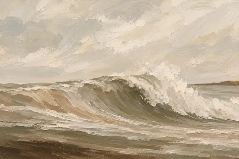 A breaking wave seen from the side in stone, cream, taupe, sand; landscape artwork.