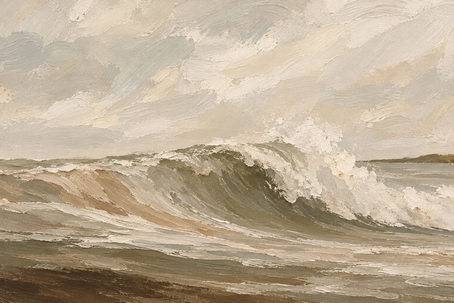 A breaking wave seen from the side in stone, cream, taupe, sand; landscape artwork.