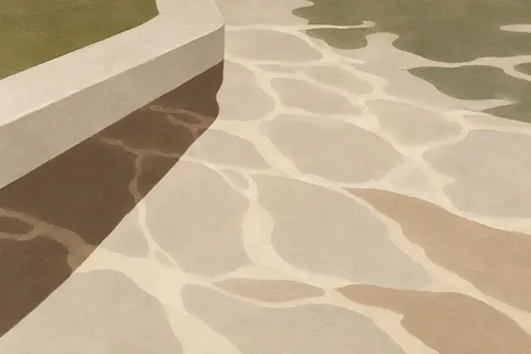 Light patterns on a swimming pool floor in stone, sand, cream, taupe; landscape artwork.