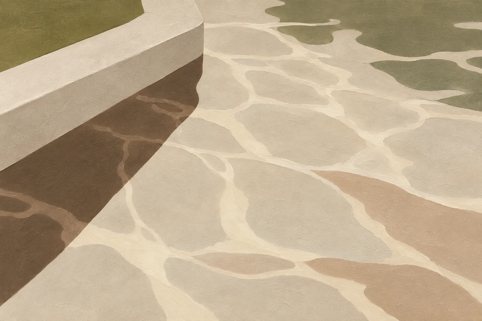 Light patterns on a swimming pool floor in stone, sand, cream, taupe; landscape artwork.