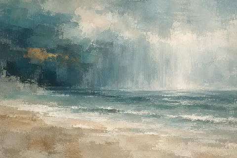 A rain shower veil over the sea in stone, gray, olive, cream; landscape artwork.