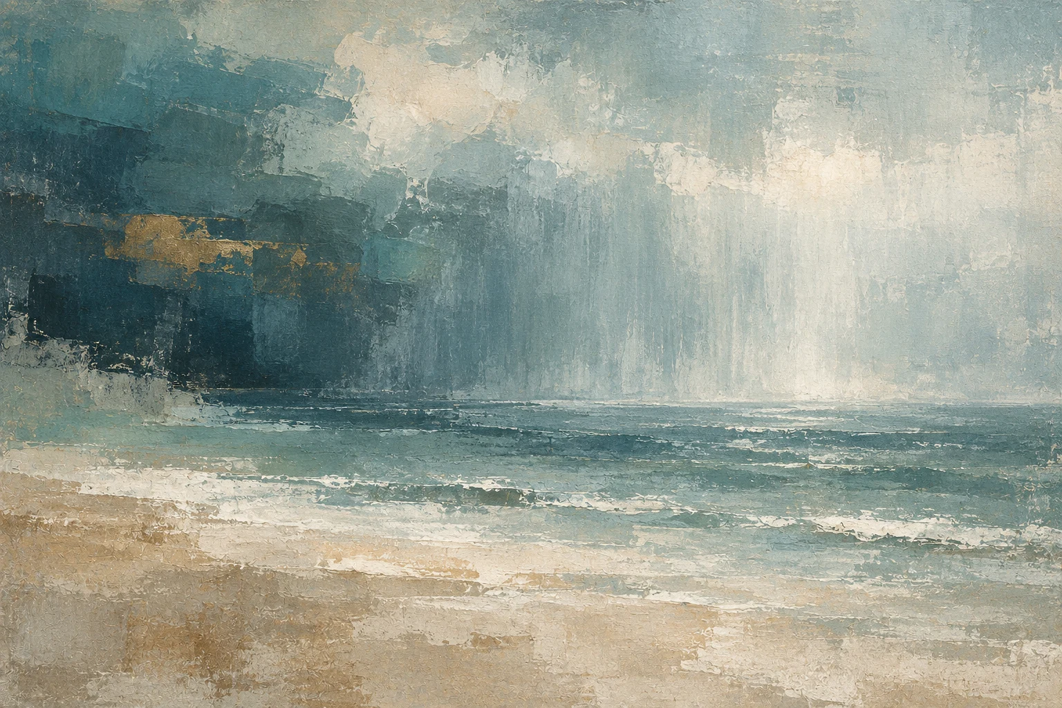 A rain shower veil over the sea in stone, gray, olive, cream; landscape artwork.