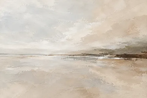 Sea mist over a flat horizon in cream, stone, gray; landscape artwork.