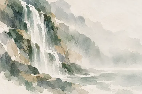 A waterfall reduced to vertical strokes in cream, stone, gray, white; landscape artwork.