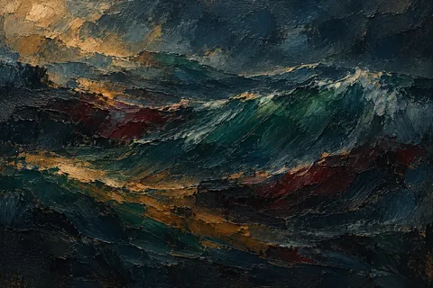 Long slow swells with no shore in black, charcoal, olive; landscape artwork.