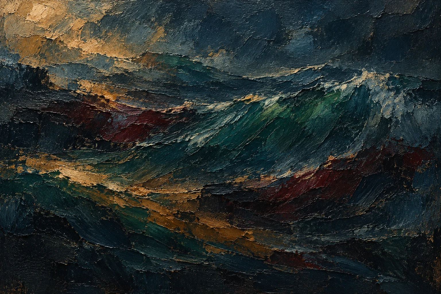Long slow swells with no shore in black, charcoal, olive; landscape artwork.