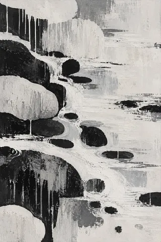 A creek running over smooth stones in cream, stone, black, gray; portrait artwork.