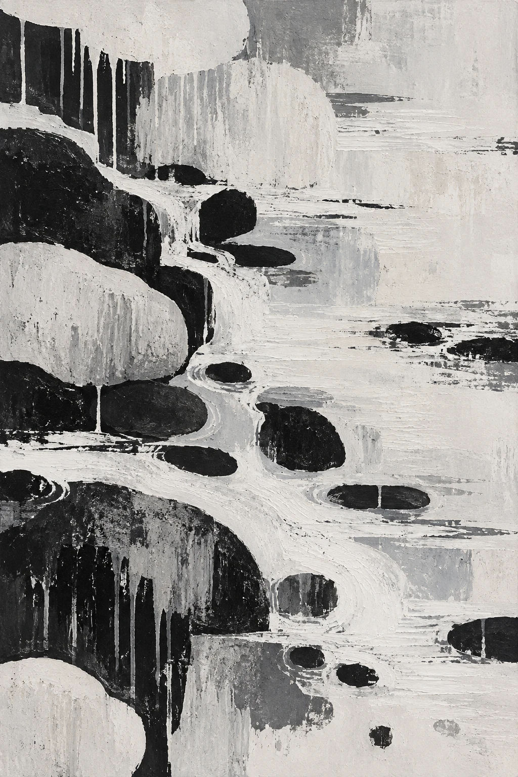 A creek running over smooth stones in cream, stone, black, gray; portrait artwork.
