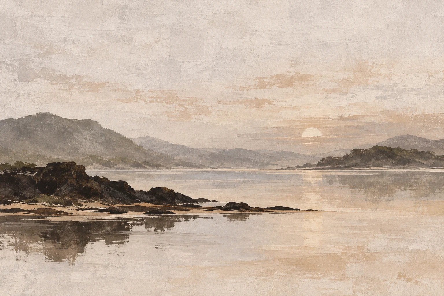 A lake at dusk, mirror still in cream, stone, gray, brown; landscape artwork.