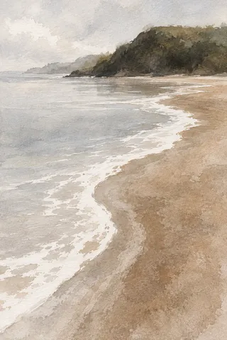 A tide line of foam on wet sand in cream, stone, gray, sand; portrait artwork.
