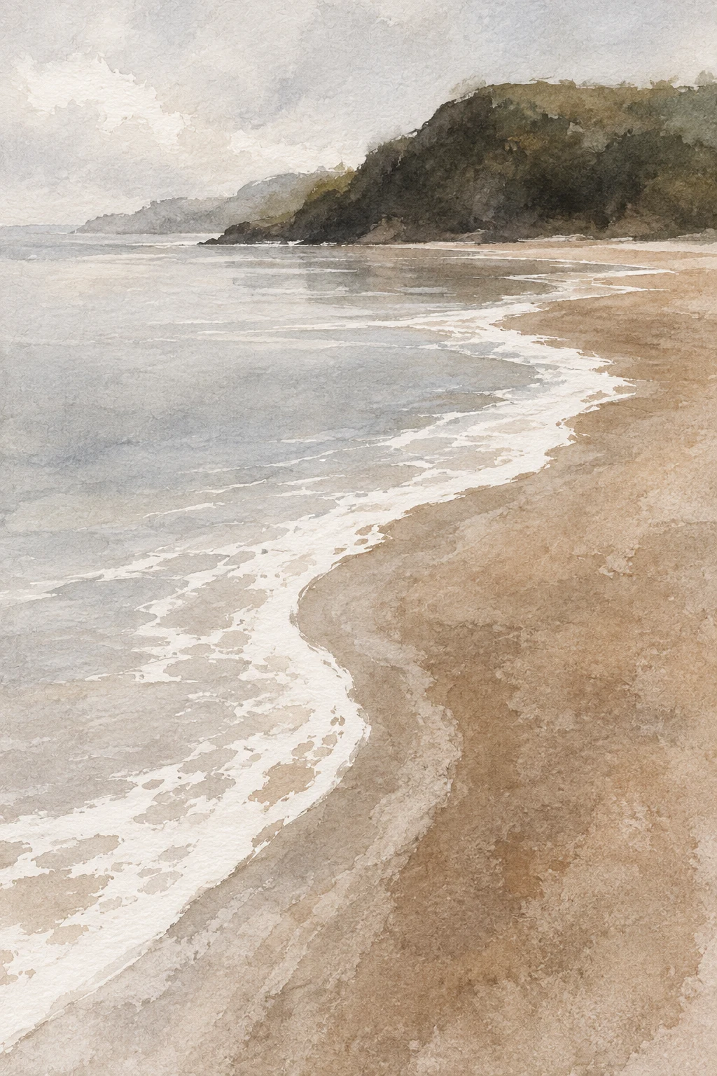 A tide line of foam on wet sand in cream, stone, gray, sand; portrait artwork.
