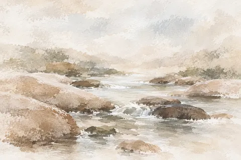 A creek running over smooth stones in cream, sand, white, stone; landscape artwork.