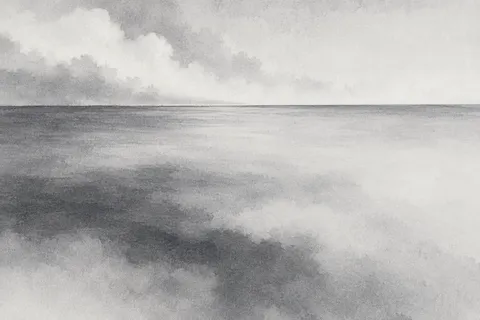 Sea mist over a flat horizon in cream, stone, gray; landscape artwork.