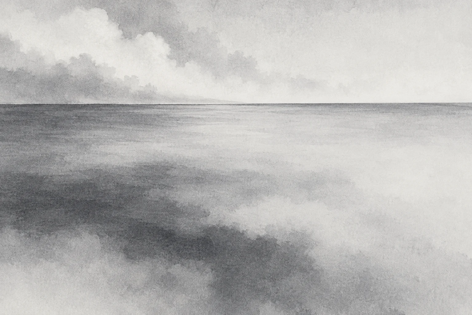 Sea mist over a flat horizon in cream, stone, gray; landscape artwork.