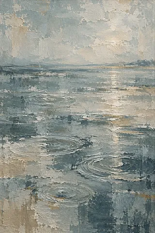 Rain rings on a still pond in gray, stone, charcoal; portrait artwork.