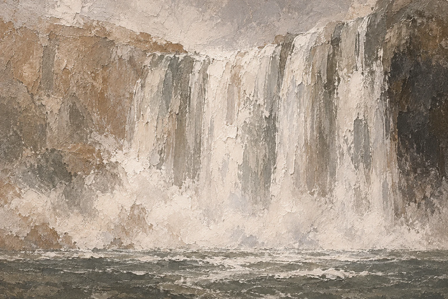 A waterfall reduced to vertical strokes in stone, taupe, sand, cream; landscape artwork.
