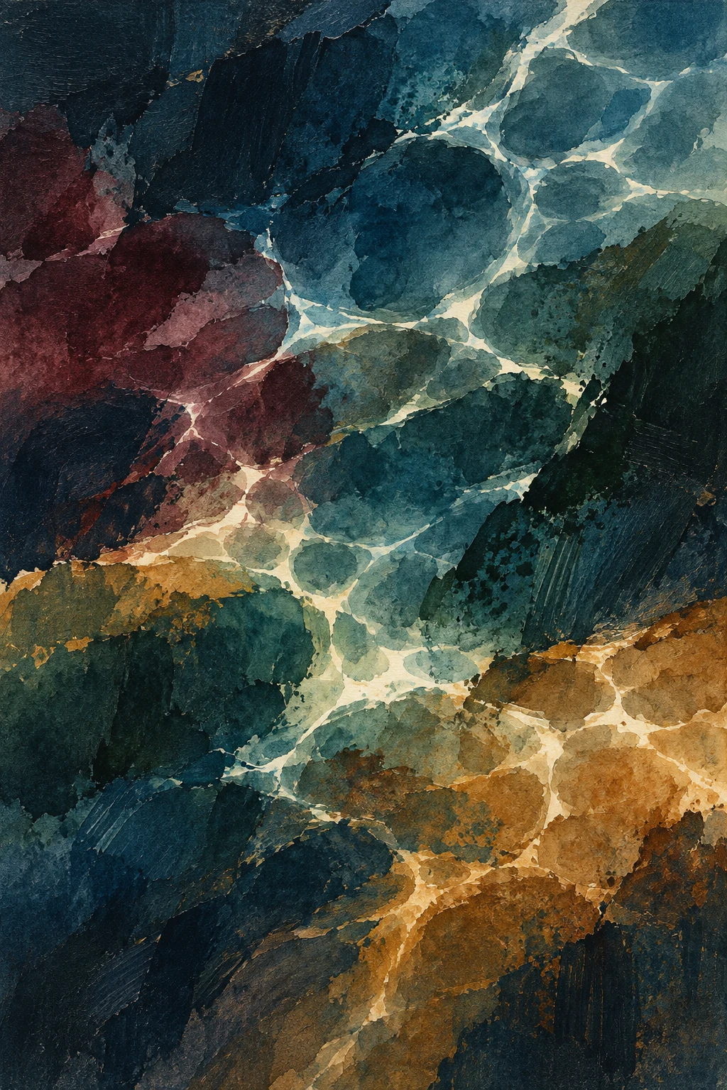 Light patterns on a swimming pool floor in black, forest green, olive, brown; portrait artwork.