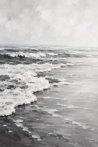 A tide line of foam on wet sand in cream, stone, gray, white; portrait artwork.