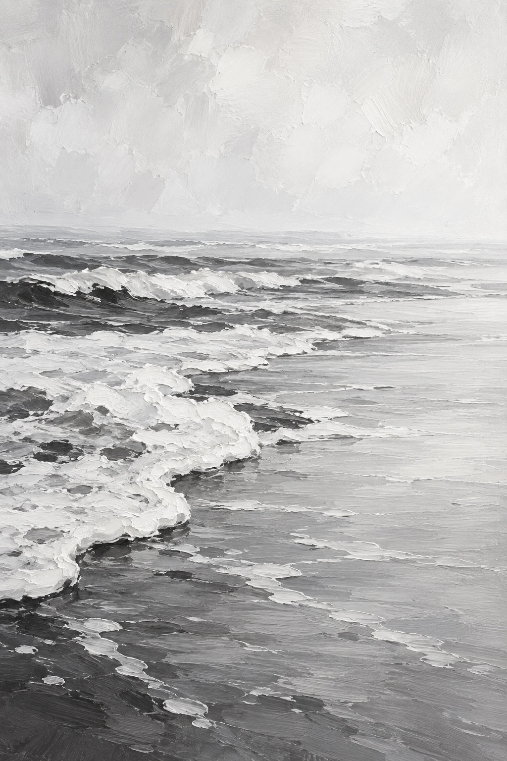 A tide line of foam on wet sand in cream, stone, gray, white; portrait artwork.