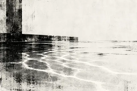 Light patterns on a swimming pool floor in white, cream, black, stone; landscape artwork.