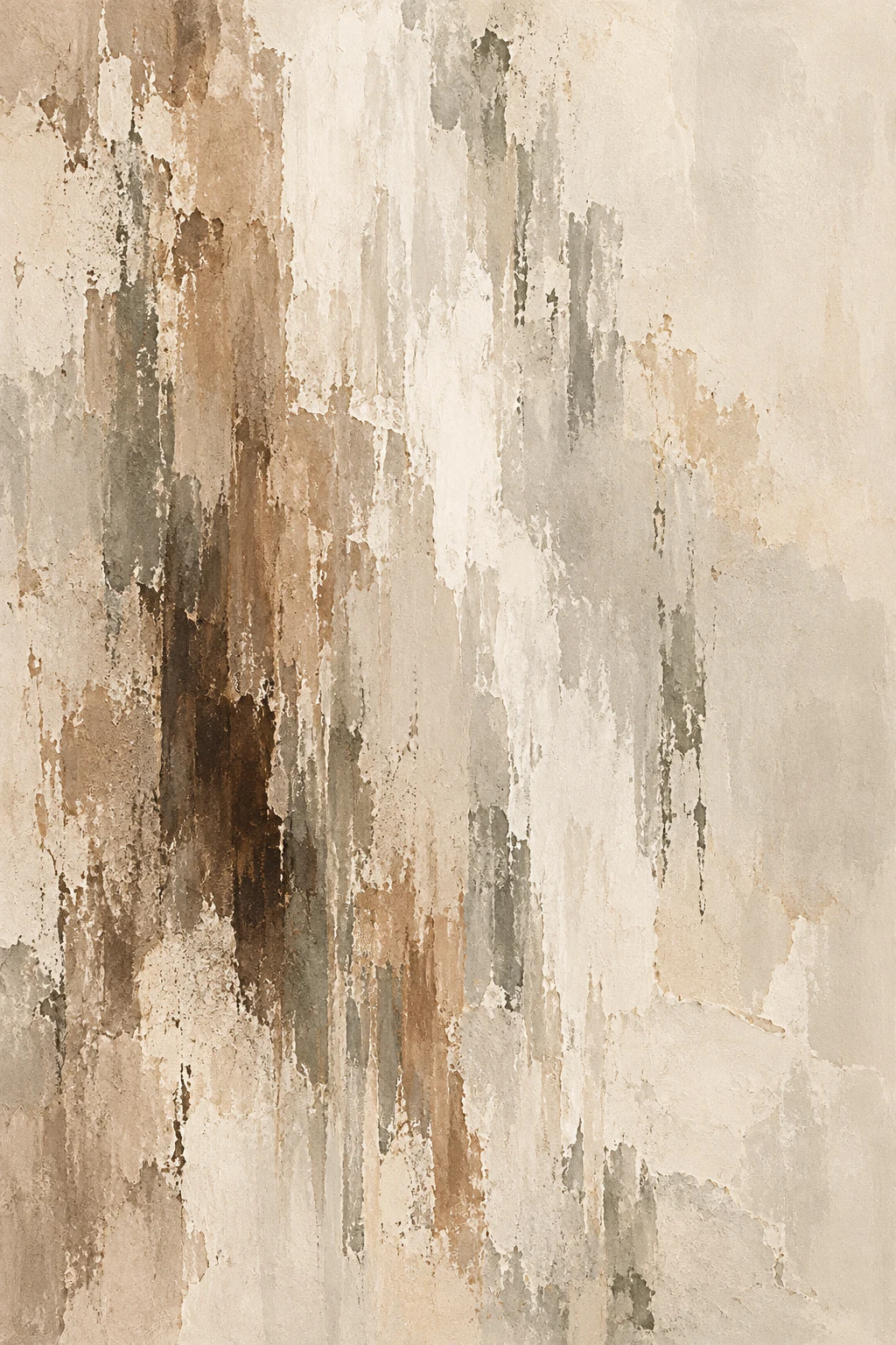 A waterfall reduced to vertical strokes in cream, stone, sand, taupe; portrait artwork.