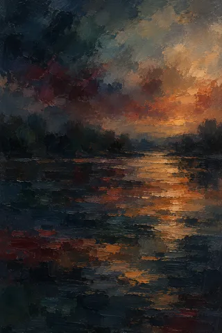 A river surface catching evening light in black, brown, taupe, charcoal; portrait artwork.
