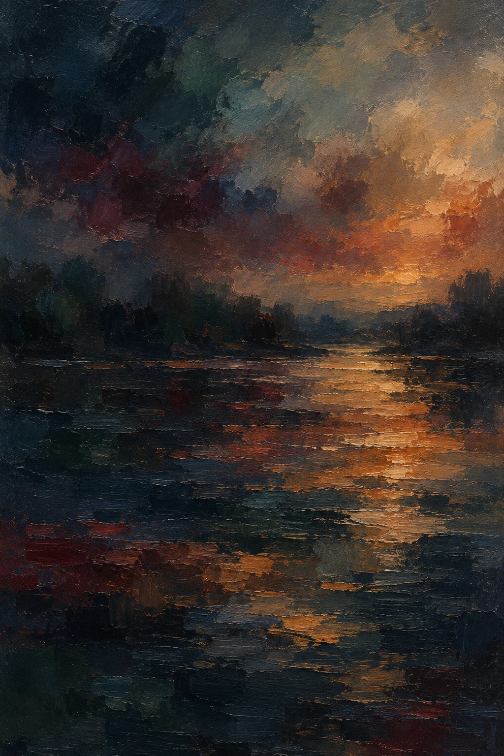 A river surface catching evening light in black, brown, taupe, charcoal; portrait artwork.