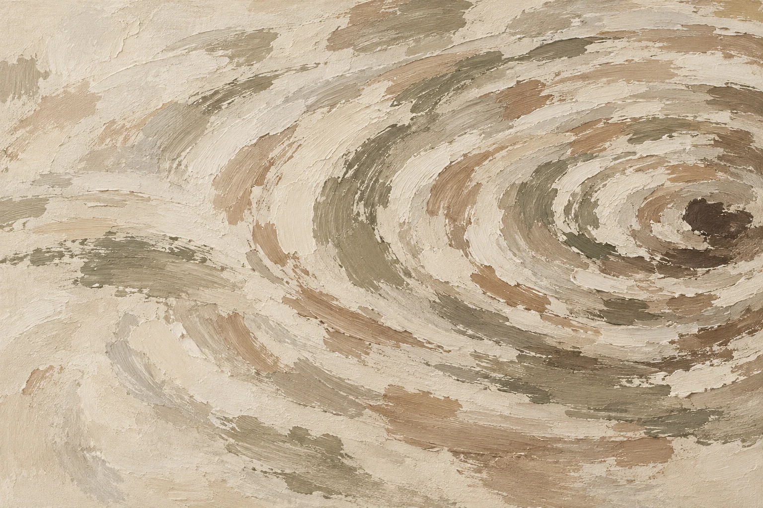 Ripples spreading from one point in stone, sage, cream, sand; landscape artwork.