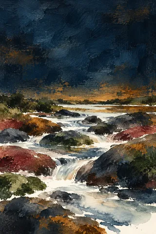 A creek running over smooth stones in black, brown, cream, charcoal; portrait artwork.
