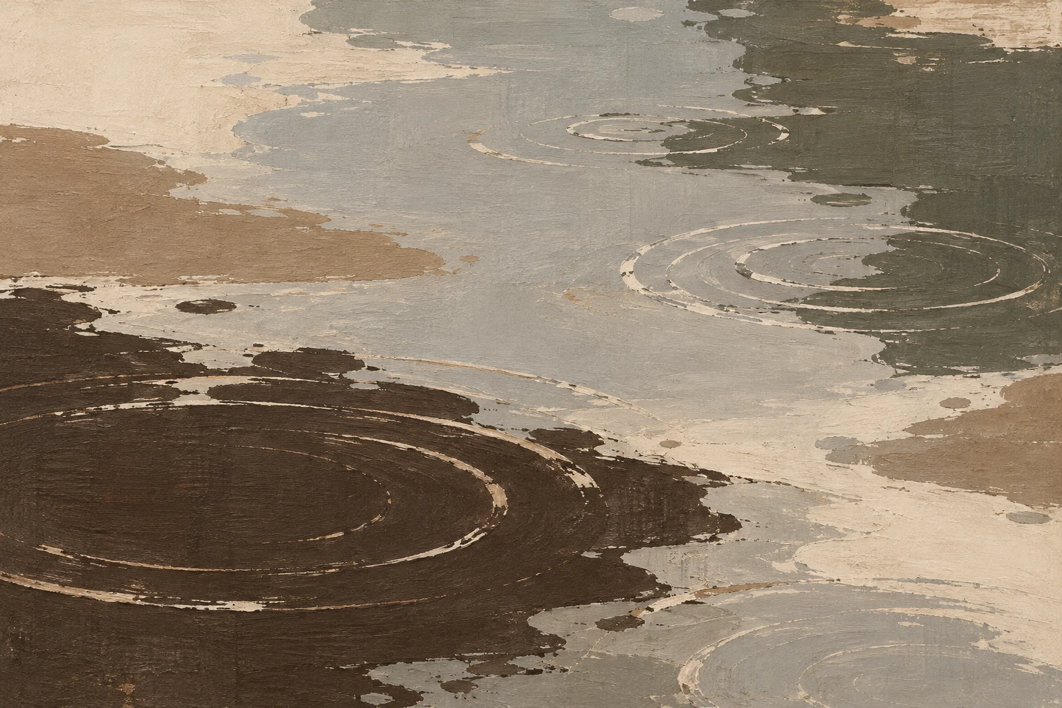 Rain rings on a still pond in sand, charcoal, olive, stone; landscape artwork.
