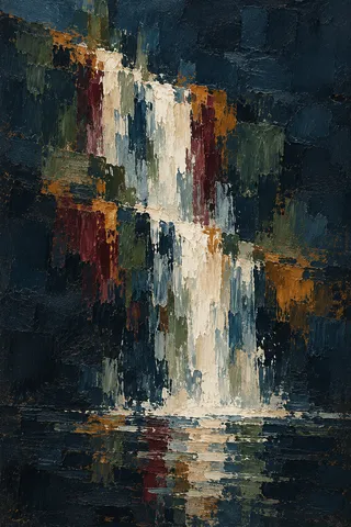 A waterfall reduced to vertical strokes in black, charcoal, navy, stone; portrait artwork.
