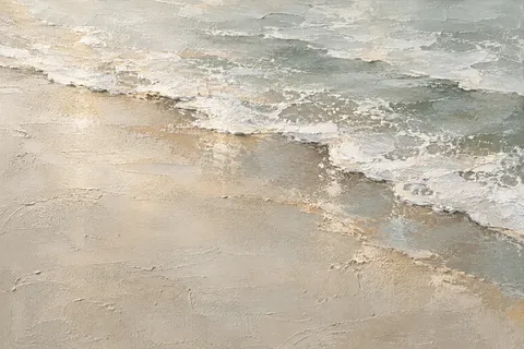 A tide line of foam on wet sand in stone, cream, sand, gray; landscape artwork.