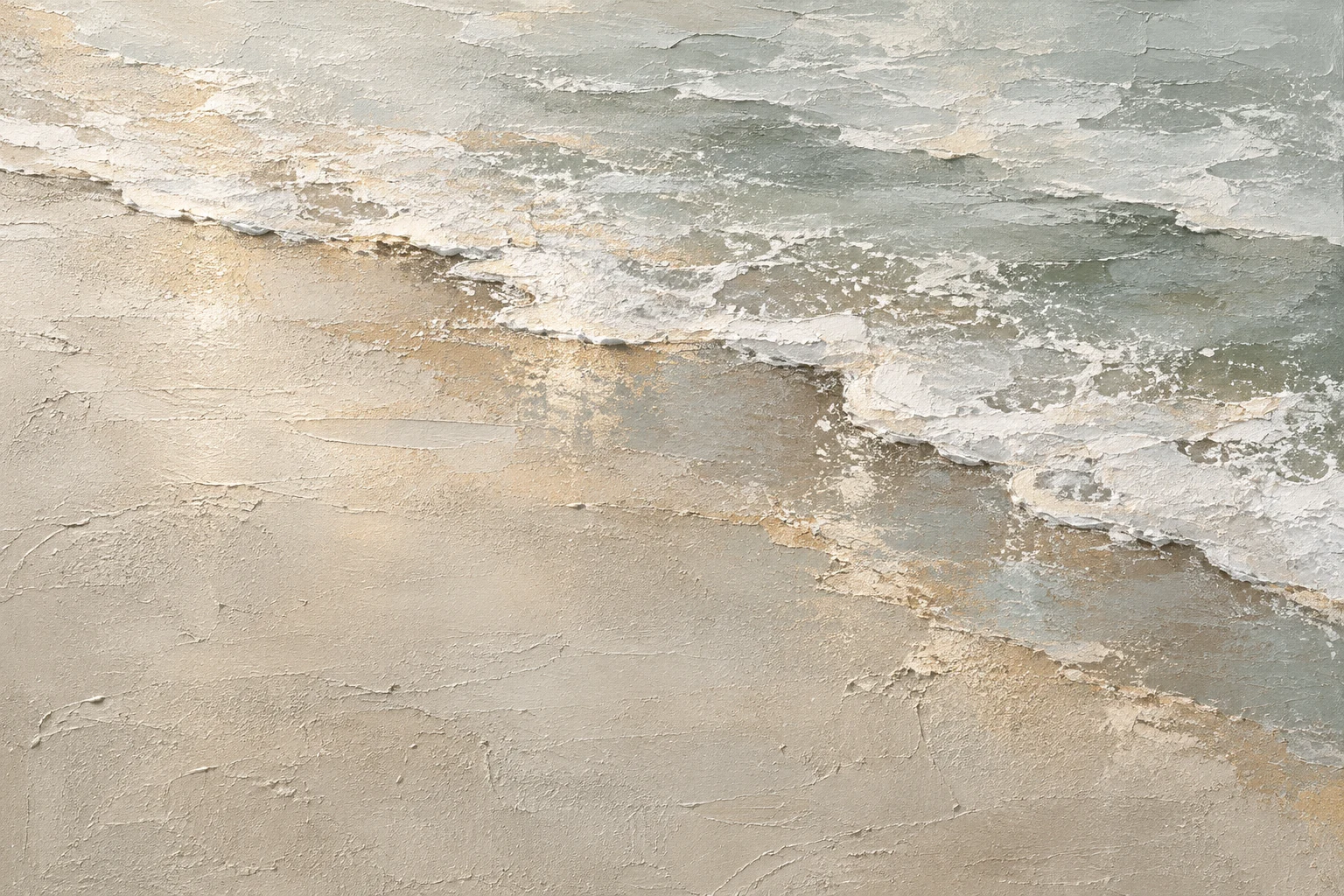 A tide line of foam on wet sand in stone, cream, sand, gray; landscape artwork.