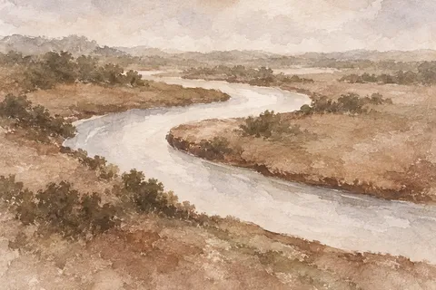 A river bend from above in cream, sand, taupe, olive; landscape artwork.