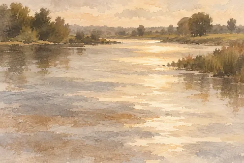 A river surface catching evening light in cream, sand, stone, taupe; landscape artwork.
