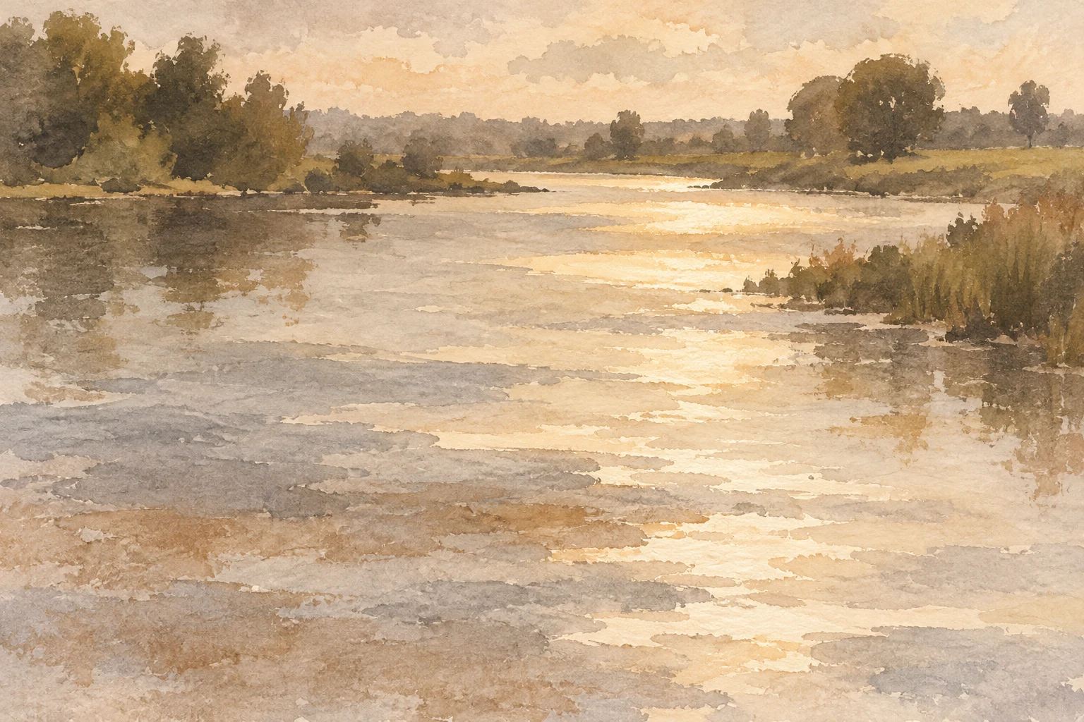 A river surface catching evening light in cream, sand, stone, taupe; landscape artwork.
