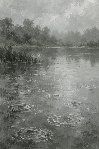Rain rings on a still pond in charcoal, gray, stone; portrait artwork.