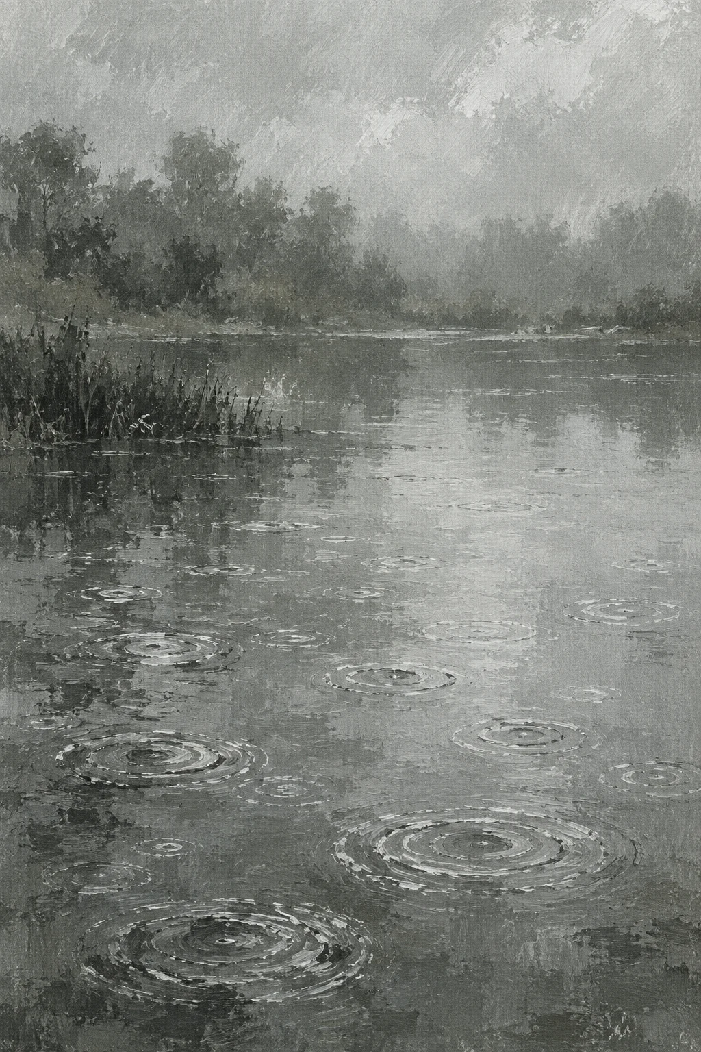 Rain rings on a still pond in charcoal, gray, stone; portrait artwork.