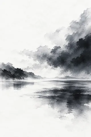 A lake surface before a storm in white, charcoal, stone, gray; portrait artwork.
