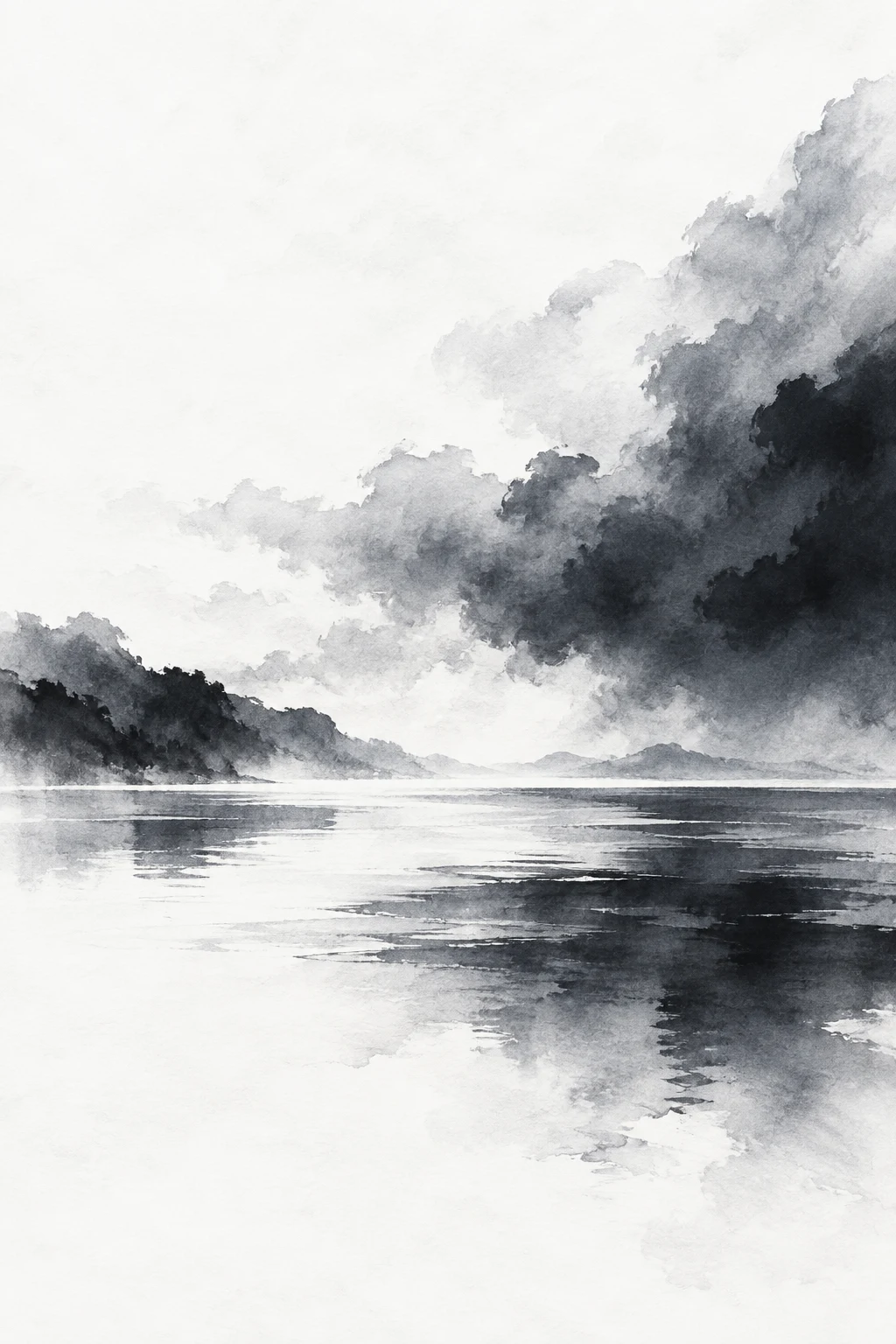 A lake surface before a storm in white, charcoal, stone, gray; portrait artwork.