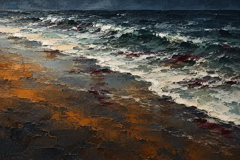 A tide line of foam on wet sand in black, charcoal, gray, stone; landscape artwork.