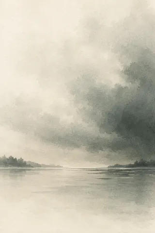 A lake surface before a storm in cream, gray, white, stone; portrait artwork.