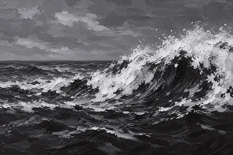 A breaking wave seen from the side in charcoal, gray, black, stone; landscape artwork.